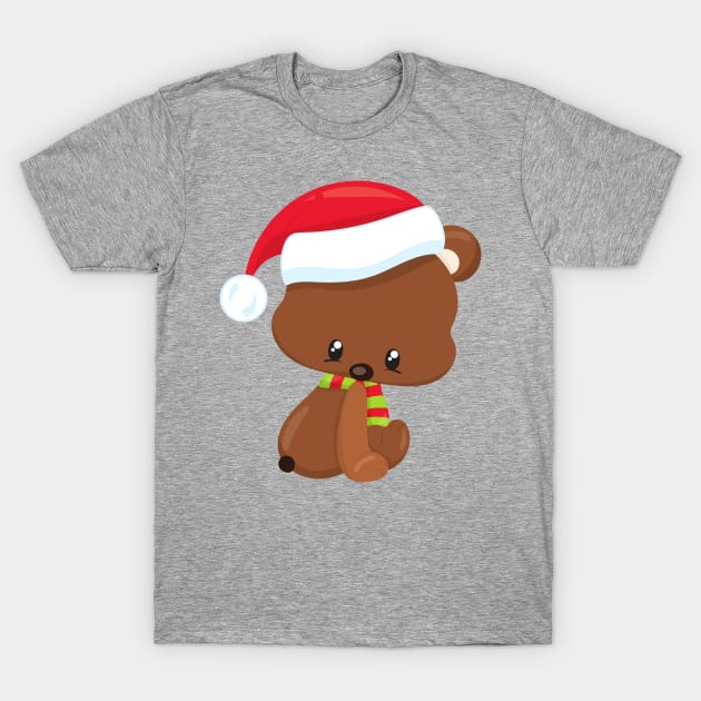 Christmas Bear, Cute Bear, Santa Hat, Scarf, Xmas T-Shirt by Jelena Dunčević